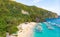 Aerial view of 7 Commando Beach on paradise island, tropical travel destination, El Nido, Palawan, Philippines