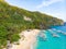 Aerial view of 7 Commando Beach on paradise island, tropical travel destination, El Nido, Palawan, Philippines