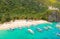 Aerial view of 7 Commando Beach on paradise island, tropical travel destination, El Nido, Palawan, Philippines