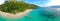 Aerial view of 7 Commando Beach on paradise island, tropical travel destination, El Nido, Palawan, Philippines