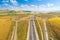 Aerial view of A1 Transylvania Highway between Sibiu and Sebes with spectacular viaduct bridge and passage route, roads of Romania