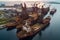aerial view of abandoned dockyard with rusty cranes and ships