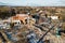 Aerial view of abandoned Kuldiga town match factory and wood processing company Vulkans demolish, Latvia