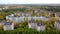 Aerial view of an abandoned residential area in the Chernobyl exclusion zone
