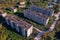 Aerial view about abandoned residential neighborhood, looks like an apocalyptic ghost town.