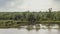 Aerial view abandoned ships in the river near of Chernobyl. The abandoned river port in Pripyat. Radioactive metal