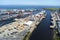 Aerial view of Aberdeen harbour ships with oil & gas tanks and sea vessels