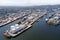 Aerial view of Aberdeen harbour ships with oil & gas tanks and sea vessels