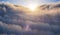 Aerial view above clouds at sunset. Weather and forecast concept. 3D rendered illustration.