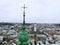 Aerial view from above of Lviv city, Ukraine. Beautiful drone photography. Town Hall tower and cathedral church, city centre