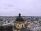 Aerial view from above of Lviv city, Ukraine. Beautiful drone photography. Town Hall tower and cathedral church, city centre