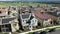Aerial view above residential neighborhood houses, solar renewable energy panels
