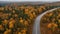 Aerial View Above Road in Forest in Fall