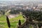 Aerial view from the Acropolis of Athens to the ruins of the theater of Dionysus and the city