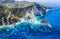 Aerial view Agia Eleni beach in Kefalonia Island, Greece. Remote beautiful rocky beach with clear emerald water and high