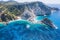 Aerial view Agia Eleni beach in Kefalonia Island, Greece. Remote beautiful rocky beach with clear emerald water and high