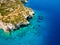 Aerial view of Agios Nikolaos blue caves in Zakynthos Zante