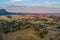 Aerial view of agricultural land near Grampians National Park at sunset.