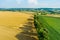 Aerial view of agricultural parcels of different crops. Road winding though countryside fields and farmlands of Poland