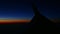 Aerial view from aircraft window across dark wing silhouette at dark sunset sky