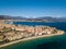 Aerial view of Ajaccio, Corsica, France. The harbor area and city center seen from the sea