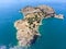 Aerial view of Akdamar Holy Cross Church, hidden monuments of Anatolia. Island of Akdamar on lake Van, eastern Turkey. Akdamar Chu