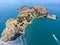 Aerial view of Akdamar Holy Cross Church, hidden monuments of Anatolia. Island of Akdamar on lake Van, eastern Turkey. Akdamar Chu