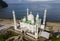 Aerial view of Al-Hakim Mosque. is a Taj Mahal-style mosque on the shores of Padang Beach, Padang City, West Sumatra, Indonesia.