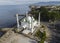 Aerial view of Al-Hakim Mosque. is a Taj Mahal-style mosque on the shores of Padang Beach, Padang City, West Sumatra, Indonesia.