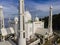 Aerial view of Al-Hakim Mosque. is a Taj Mahal-style mosque on the shores of Padang Beach, Padang City, West Sumatra, Indonesia.