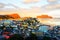 Aerial view of Alesund, Norway in the morning. Colorful cloudy sky