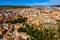 Aerial view of Almansa overlooking Church of la Asuncion and fortress, Spain