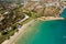 Aerial view of Almyros beach near the town of Agios Nikolaos in Crete, Greece