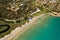 Aerial view of Almyros beach near the town of Agios Nikolaos in Crete, Greece