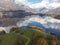 Aerial view of an alpine lake and the surrounding mountains and vegetations reflected