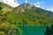 Aerial view of Alpsee Lake and Alps Alpes, Alpen, Alpi, Alpe Mountain, OstallgÃ¤u, Swabia Schwaben, Bavaria Bayern, Germany