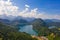 Aerial view on Alpsee lake and Hohenschwangau Castle, Bavaria, Germany. Concept of traveling and hiking in German Alps