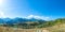 Aerial view amazing over of the Carpathian Mountains or Carpathians with Beautiful summer landscape, sunny day, blue sky with