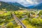 Aerial view amazing over Viaduct is an Austrian stone arch bridge in Vorokhta Ukraine. Cloudy autumn day in the the Carpathian