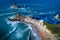 Aerial view of amazing rock formations on the Arnia beach, Spain