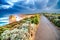 Aerial view of amazing Twelve Apostles during a stormy sunset, P