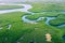 Aerial view of Amazon rainforest in Brazil, South America. Green forest. Bird`s-eye view