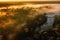 aerial view of the amazonas with misty morning light, sunrise or sunset