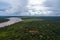 aerial view of the amazonas, with thunderstorm brewing in the distance