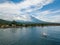 Aerial view of Amed Beach and Mount Agung volcano in Bali