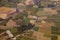 Aerial view of american countryside, farmland from the plane with green agriculture fields