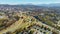 Aerial view of american freeway intersection in fall season in Asheville, North Carolina with fast moving cars and