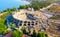 Aerial view of the amphitheater in the ancient Side town, Antalya Province, Turkey