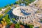 Aerial view of the amphitheater in the ancient Side town, Antalya Province, Turkey