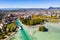 Aerial view of Annecy lake waterfront low tide level due to the